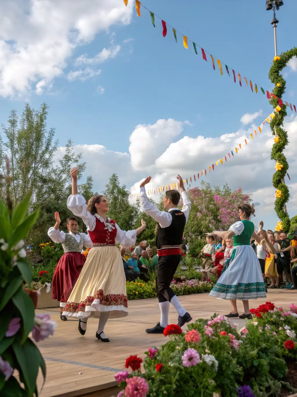 A vibrant photograph capturing a group of people participating in a traditional French folk dance workshop, showcasing the energy and cultural immersion of the event.